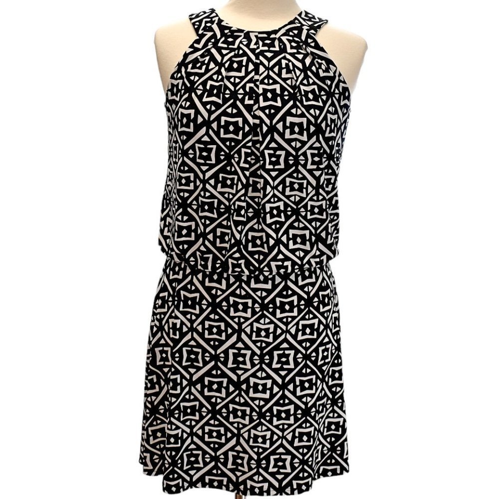 WHBM Black/White Geometric Halter Keyhole-button Midi Dress